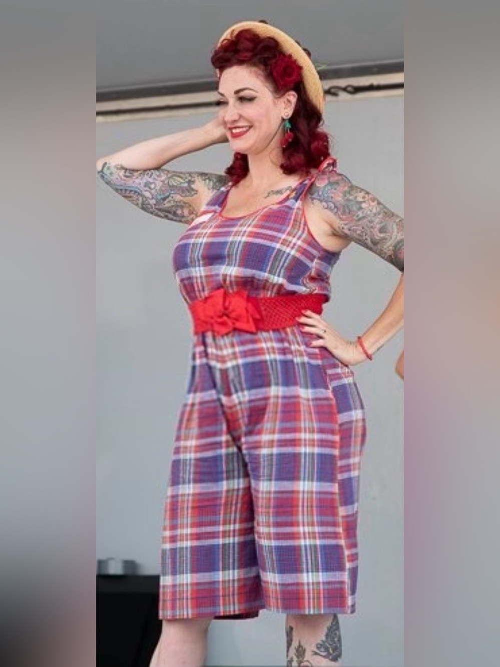 Vintage Plaid Tie-Shoulder Jumpsuit in Red, Purple, White Plaid